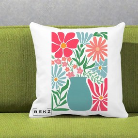 Perna Decorativa Flori in Vaza Turcoaz, 40x40 cm, Alba Mata, Husa Detasabila, Perna Inclusa, BEKZ®