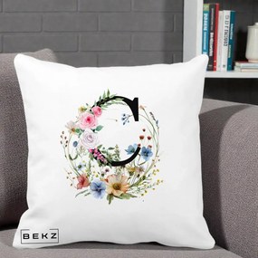 Cadou Personalizat - Perna Personalizata Monogram Litera C cu Flori Acuarela, 40x40 cm, Alba Mata, Husa Detasabila, Perna Inclusa, BEKZ®