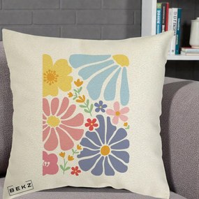 Perna Decorativa Flori Grafice Pastel Multicolor, 40x40 cm, Ecru, Husa Detasabila, Perna Inclusa, BEKZ®