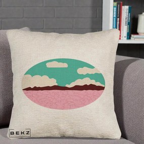 Perna Decorativa Peisaj Desert Oval Pastel, 40x40 cm, Bej Canapea, Husa Detasabila, Perna Inclusa, BEKZ®