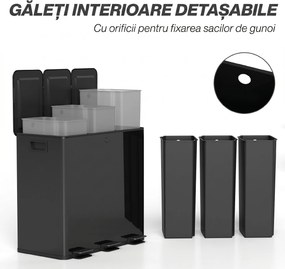 HOMCOM Coș de Gunoi cu 3 Secțiuni de 20L cu Pedală și 2 Capace cu Închidere Silențioasă, Coș de Gunoi din Oțel Inoxidabil și PP, 61.9x36.6x56.7 cm, Negru | Aosom Romania