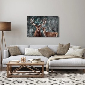 Tablou - Cerb și căprioare în pădurea înzăpezită (90x60 cm)