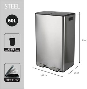 Coș de gunoi argintiu mat pentru reciclare/cu pedală 2x30 l din oțel Aliya – Spirella
