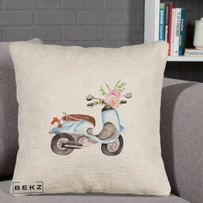 Perna Decorativa Scuter Albastru cu Flori Acuarela, 40x40 cm, Bej Canapea, Husa Detasabila, Perna Inclusa, BEKZ®