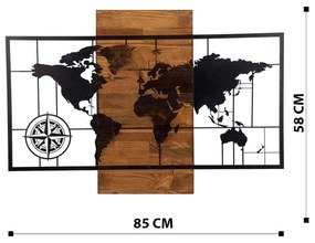 Decoratiune de perete lemn Harta Lumea, Negru, 85 x 58 x3 cm