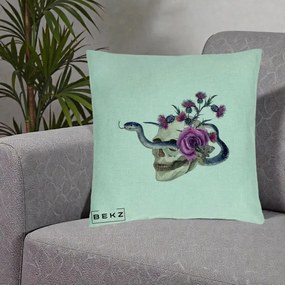 Perna Decorativa Craniu cu Sarpe si Trandafiri Gothic, 40x40 cm, Verde Menta, Husa Detasabila, Perna Inclusa, BEKZ®