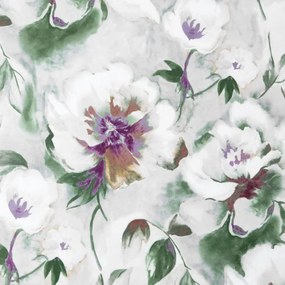 Draperie gri-alb, cu flori albe, pe inele Lungime: 250 cm