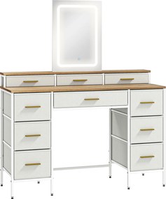 HOMCOM Masă de toaletă cu oglindă și lumini LED 3 culori, masă de machiaj 10 sertare din material textil, 118,5 x 39,5 x 140 cm natural | Aosom Romania