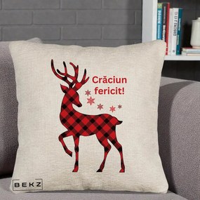 Perna Decorativa Ren Tartan Craciun Fericit, 40x40 cm, Bej Canapea, Husa Detasabila, Perna Inclusa, BEKZ®