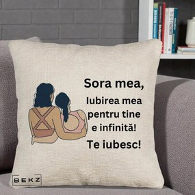 Cadou pentru Sora - Perna Personalizata Sora Mea Te Iubesc Doua Fete Fashioniste Line Art, 40x40 cm, Bej Canapea, Husa Detasabila, Perna Inclusa, BEKZ®