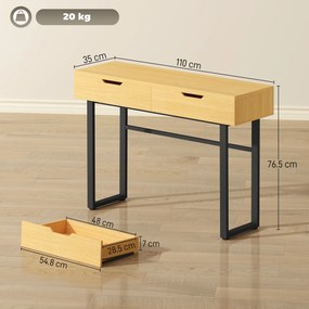 HOMCOM Consolă îngustă pentru hol cu 2 sertare, cadru metalic, pentru hol 110 x 35 x 76,5 cm natur | Aosom Romania