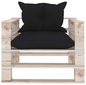 Canapea gradina din paleti, cu perne negre, lemn de pin