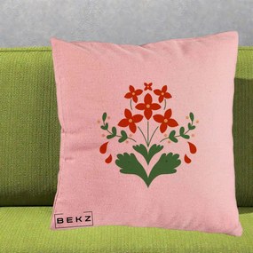 Perna Decorativa Buchet Floral Folk Rosu-Verde, 40x40 cm, Roz, Husa Detasabila, Perna Inclusa, BEKZ®