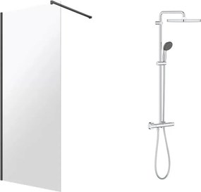 Pachet paravan dus Walk-In Omnires Marina crom 100x200 cm si coloana de dus cu baterie termostatata Grohe Vitalio Start Cube 250 crom lucios