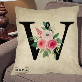Cadou Personalizat - Perna Personalizata Monograma Florala Litera W cu Trandafiri si Anemona, 40x40 cm, Crem, Husa Detasabila, Perna Inclusa, BEKZ®