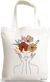 Sacosa de Panza pentru Cumparaturi, Geanta Tote, Flower Lady 19, 38x34.5 cm, Alba, BEKZ®