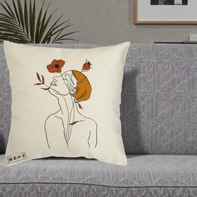 Perna Decorativa Portret Feminin Mac Privire Inalta, 40x40 cm, Ecru, Husa Detasabila, Perna Inclusa, BEKZ®