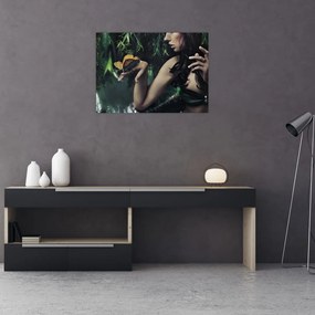 Tablou pe sticlă - Femeia grațioasă cu fluture (70x50 cm)