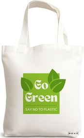 Sacosa de Panza pentru Cumparaturi, Geanta Tote, model Go Green - Say no to plastic, 38x34.5 cm, Alba, BEKZ®