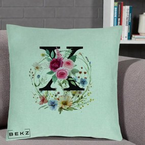 Cadou Personalizat - Perna Personalizata Monograma Florala Litera X cu Coroana, 40x40 cm, Verde Menta, Husa Detasabila, Perna Inclusa, BEKZ®