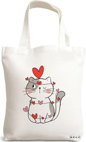 Sacosa de Panza pentru Cumparaturi, Geanta Tote, model Kitty Love, 38x34.5 cm, Alba, BEKZ®