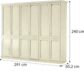 Dulap lemn masiv crem 6 Uși Bologna Patinat, 291 × 65 × 240 cm - Cu patru usi cu oglinzi