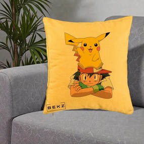 Perna Personalizata Ash si Pikachu, 40x40 cm, Galben, Husa Detasabila, Perna Inclusa, BEKZ®