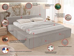 Pat matrimonial gri tapițat cu spațiu de depozitare cu somieră 180x200 cm Cloe – Ropez