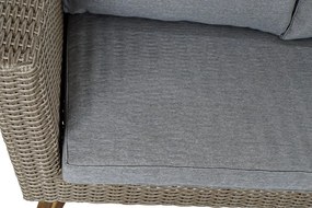 Set lounge exterior din rattan sintetic și structură din lemn și oțel cu canapea, 2 fotolii, masă și perne, finisaj bej-gri, „Zahara
