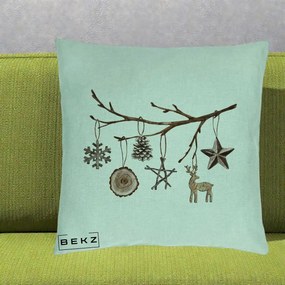 Perna Decorativa Ornamente de Lemn pe Ramura, 40x40 cm, Verde Menta, Husa Detasabila, Perna Inclusa, BEKZ®