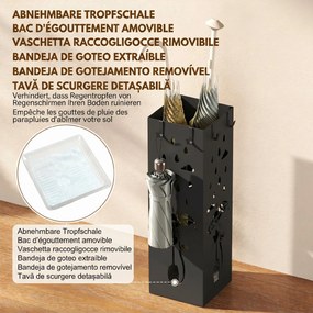 HOMCOM Suport de Umbrele Pătrat din Metal pentru Intrare, Suport Autoportant cu Tavă Detașabilă și 4 Cârlige, pentru Interior și Exterior, 15.5x15.5x49 cm, Negru | Aosom Romania