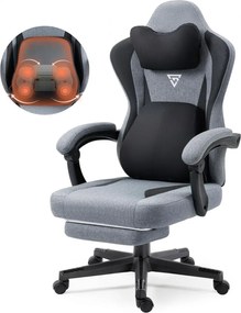 ErgoRelax Pro JD– Scaun Gaming Ergonomic, Masaj Lombar si Incalzire, Spătar Rabatabil 155°, Suport picioare, Material textil, Gri/Negru