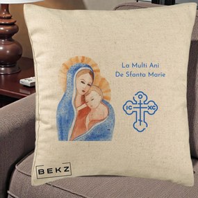 Cadou de Onomastica - Perna Personalizata Sfanta Marie Icoana Acuarela, 40x40 cm, Bej, Husa Detasabila, Perna Inclusa, BEKZ®