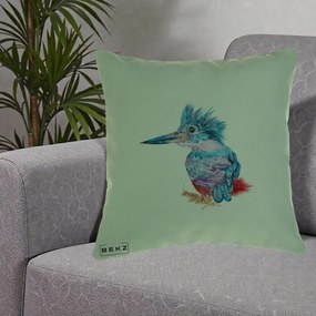 Perna Decorativa Pasare Martin Pescar Acuarela Albastru-Mov, 40x40 cm, Verde, Husa Detasabila, Perna Inclusa, BEKZ®