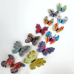 Autocolant de perete "Fluturi 3D din plastic realist cu aripi duble - colorate” 12 buc 6-12 cm
