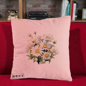 Perna Decorativa Buchet Margarete Albe Acuarela, 40x40 cm, Roz, Husa Detasabila, Perna Inclusa, BEKZ®