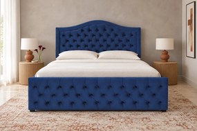 Pat tapițat Chesterfield din catifea Solaria Deluxe 180×200 cm, albastru, cu ladă de depozitare
