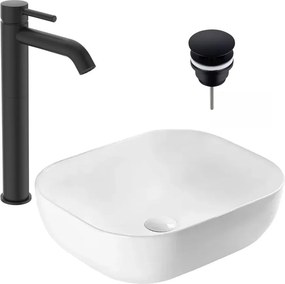 Pachet lavoar pe blat Rea Belinda alb 46.5 cm, baterie lavoar Ideal Standard Ceraline negru si ventil lavoar Click-Clack D negru