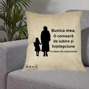 Cadou pentru Bunica - Perna Personalizata Bunica Mea Comoara Iubire Intelepciune Silueta, 40x40 cm, Crem, Husa Detasabila, Perna Inclusa, BEKZ®