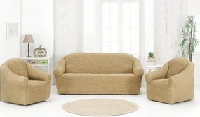 Set huse elastice si creponate pentru canapea 3 locuri, canapea 2 locuri si 2 fotolii, fara volanas, bej inchis