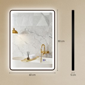 HOMCOM Oglindă baie LED Anti-aburire Oglindă machiaj dimabilă cu iluminare 80 x 60 cm Ramă neagră | Aosom Romania