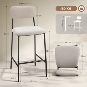 HOMCOM Set 2 Scaune de Bar, Scaune de Bucătărie Înalte în Chenille cu Spătar Înalt, Suport pentru Picioare și Sezut Moale Gros, Structură din Oțel, Scaune Înalte de Bar, pentru Peninsula, Sala de Mese, Bar, Crem | Aosom Romania