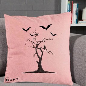 Perna Decorativa Halloween Copac cu Lilieci Alb-Negru, 40x40 cm, Roz, Husa Detasabila, Perna Inclusa, BEKZ®
