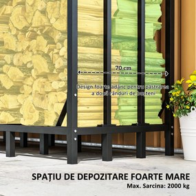 Outsunny Suport pentru Lemne de Exterior cu Acoperire, Suport Metalic Ranforsat pentru Lemne, 185x90x185 cm, Negru | Aosom Romania