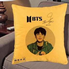 Perna Personalizata K-pop BTS Jimin Portret Cerc Autograf Geaca, 40x40 cm, Galben, Husa Detasabila, Perna Inclusa, BEKZ®