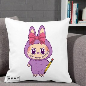 Perna Personalizata Labubu Mov cu Funda Rosie si Creion, 40x40 cm, Alba Mata, Husa Detasabila, Perna Inclusa, BEKZ®