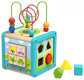Cub educativ multifunctional din lemn masiv NOVOKIDS™ Wooden EduCube, 5 in 1, Cu forme geometrice, Labirint, Motricitate si puzzle, Materiale Eco,