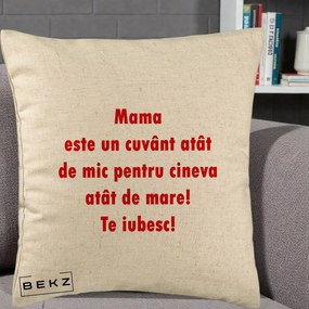 Cadou pentru Mama - Perna Personalizata Mama Cuvant Mic, 40x40 cm, Bej, Husa Detasabila, Perna Inclusa, BEKZ®