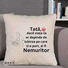Cadou pentru Tata - Perna Personalizata Tata Nemuritor Lectura, 40x40 cm, Bej Canapea, Husa Detasabila, Perna Inclusa, BEKZ®