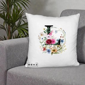 Cadou Personalizat - Perna Personalizata Monogram Litera L cu Flori Acuarela, 40x40 cm, Alb Pufos, Husa Detasabila, Perna Inclusa, BEKZ®